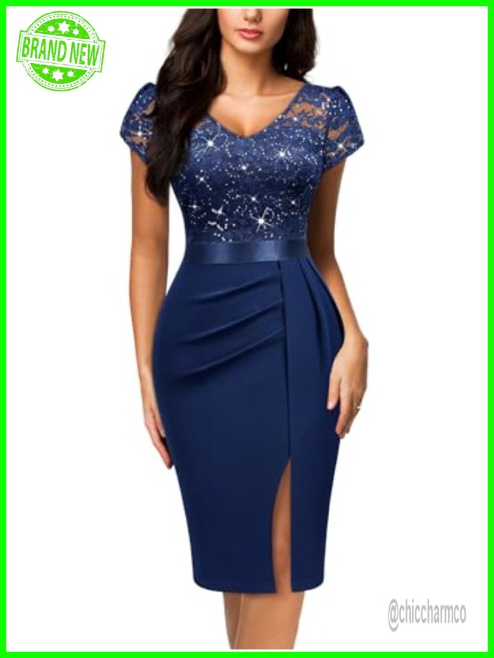 Sequin Lace V-Neck Ruffle Puff Sleeve Cocktail Party Dress